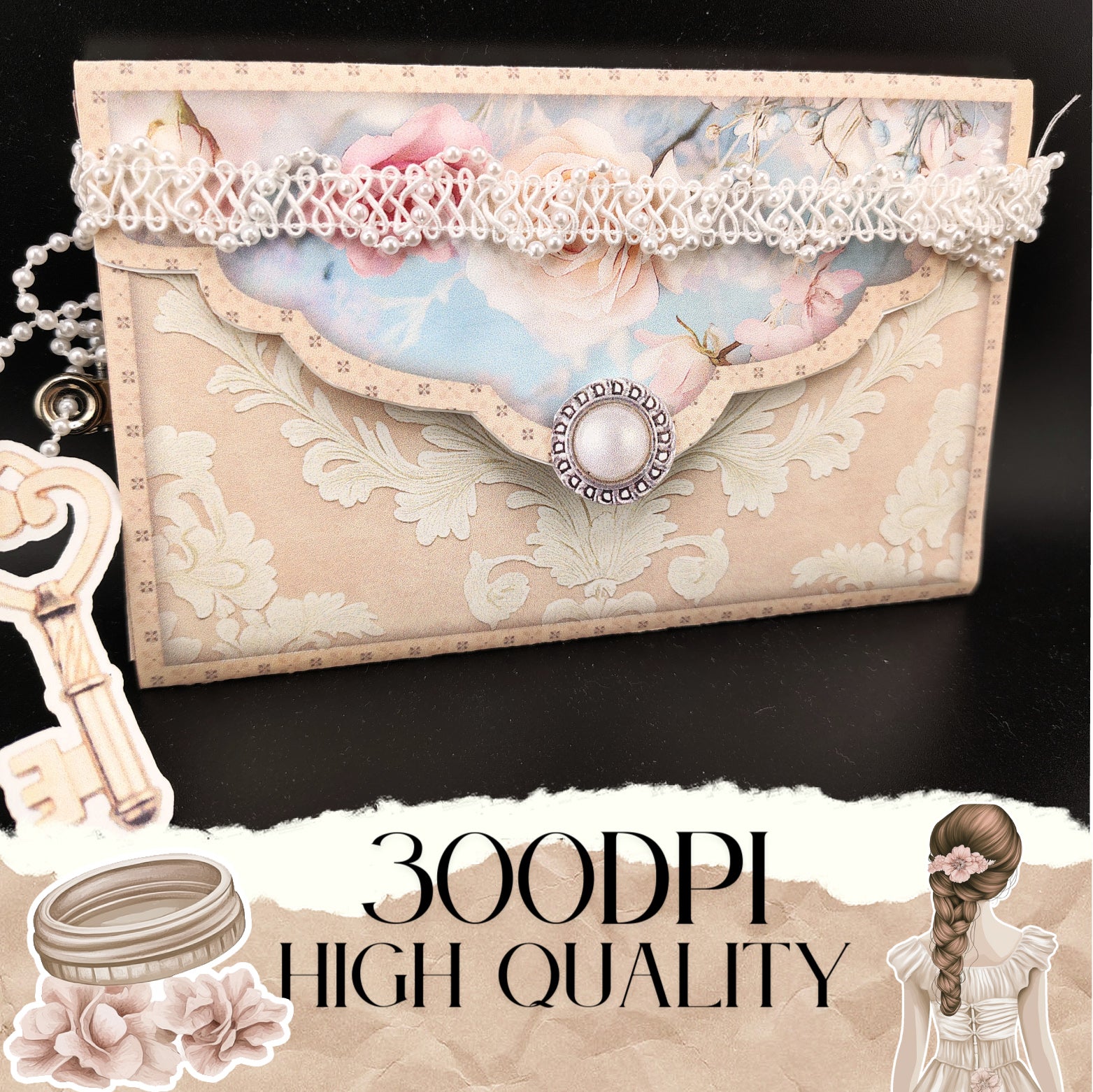 Bridal wedding Folio, Creamy Junk Journal Envelope & Pocket Set with Ephemera (Cricut-Friendly, 9 Pages)