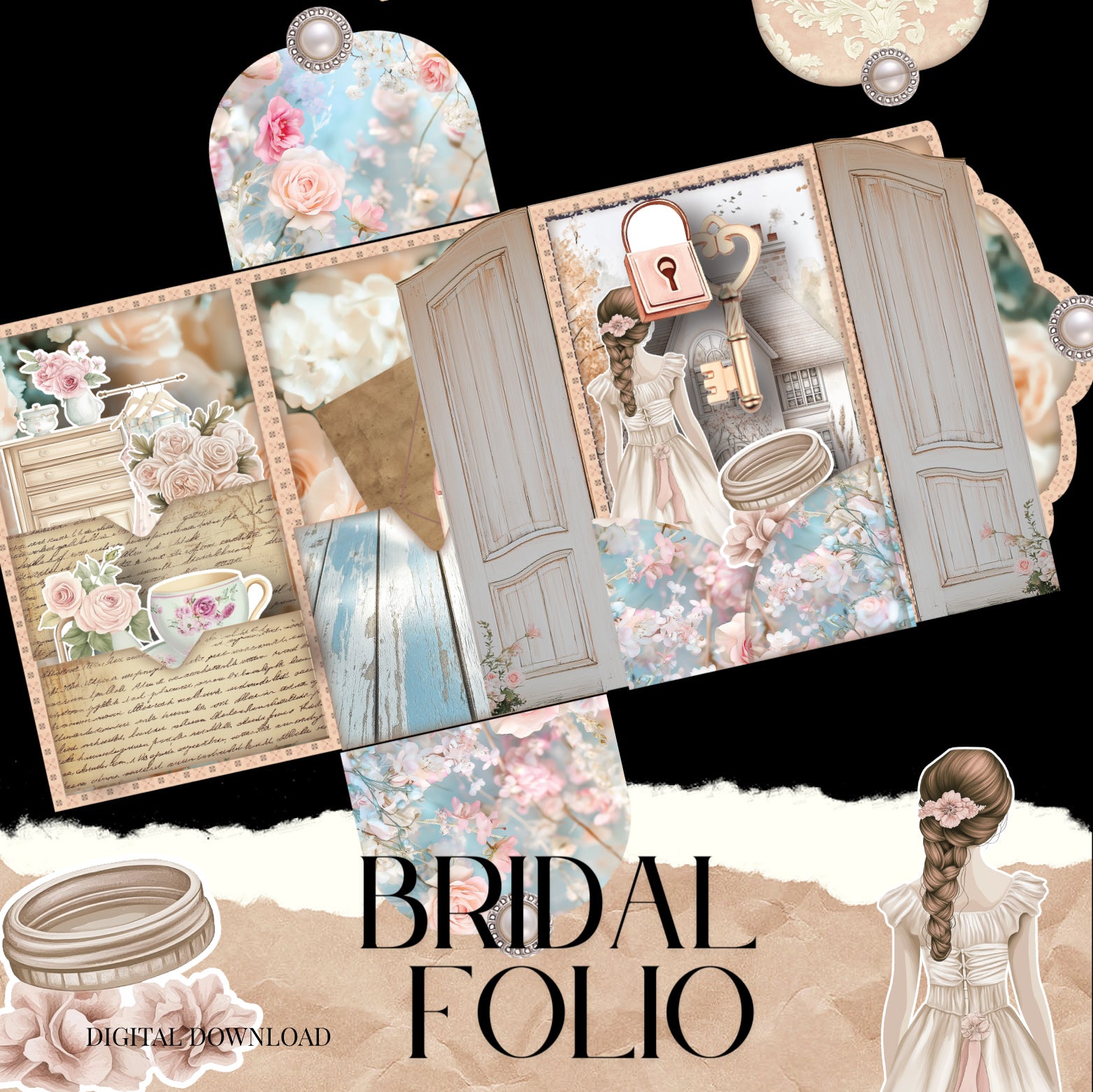 Bridal wedding Folio, Creamy Junk Journal Envelope & Pocket Set with Ephemera (Cricut-Friendly, 9 Pages)