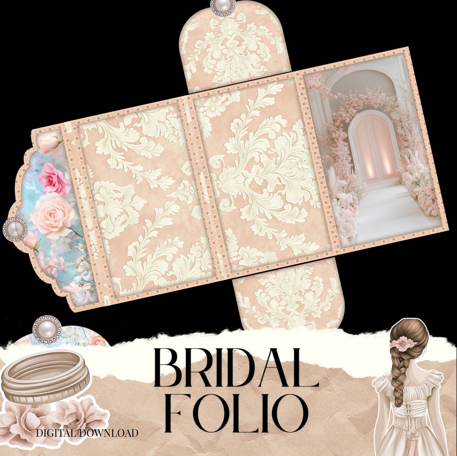 Bridal wedding Folio, Creamy Junk Journal Envelope & Pocket Set with Ephemera (Cricut-Friendly, 9 Pages)