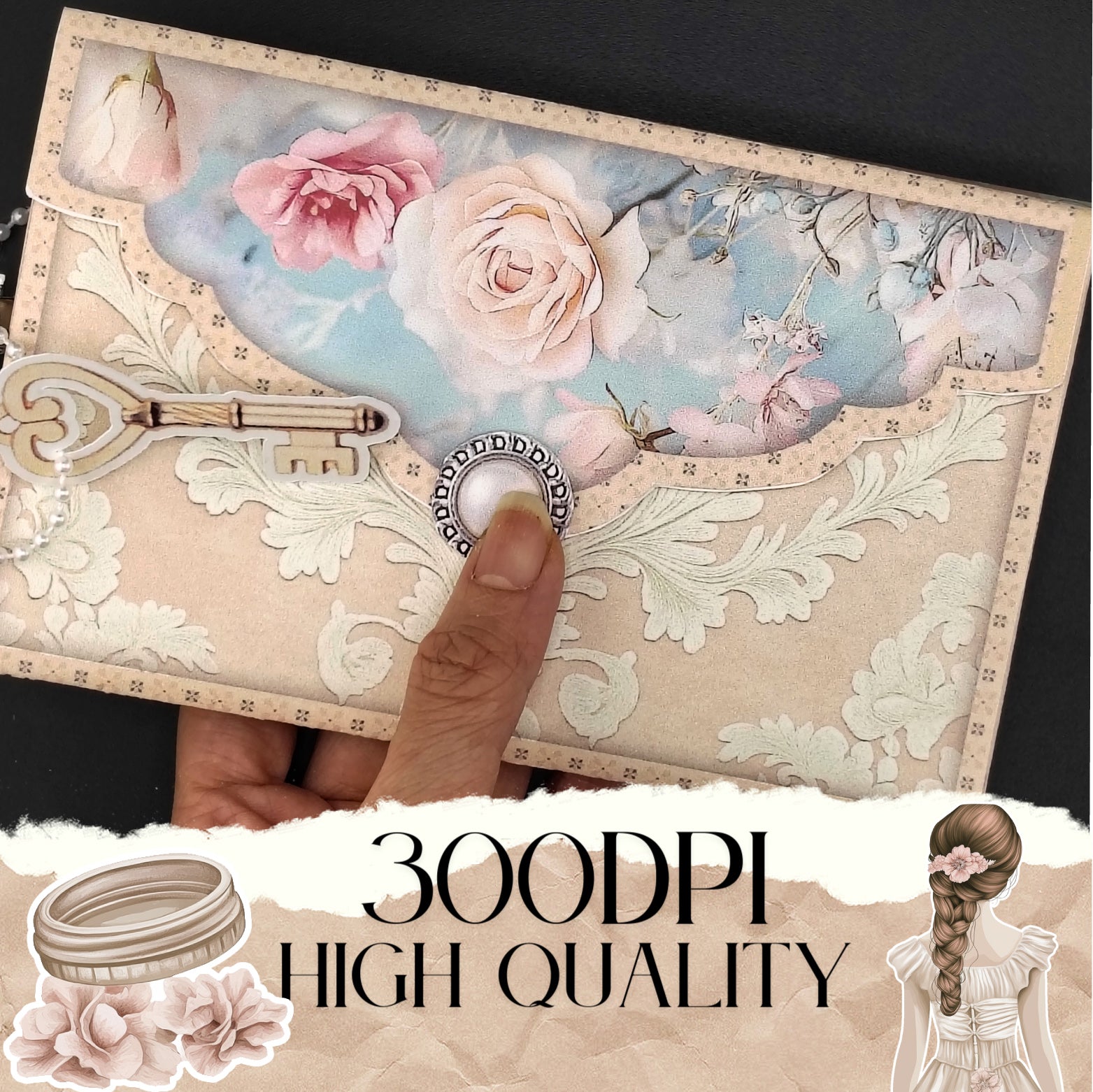 Bridal wedding Folio, Creamy Junk Journal Envelope & Pocket Set with Ephemera (Cricut-Friendly, 9 Pages)