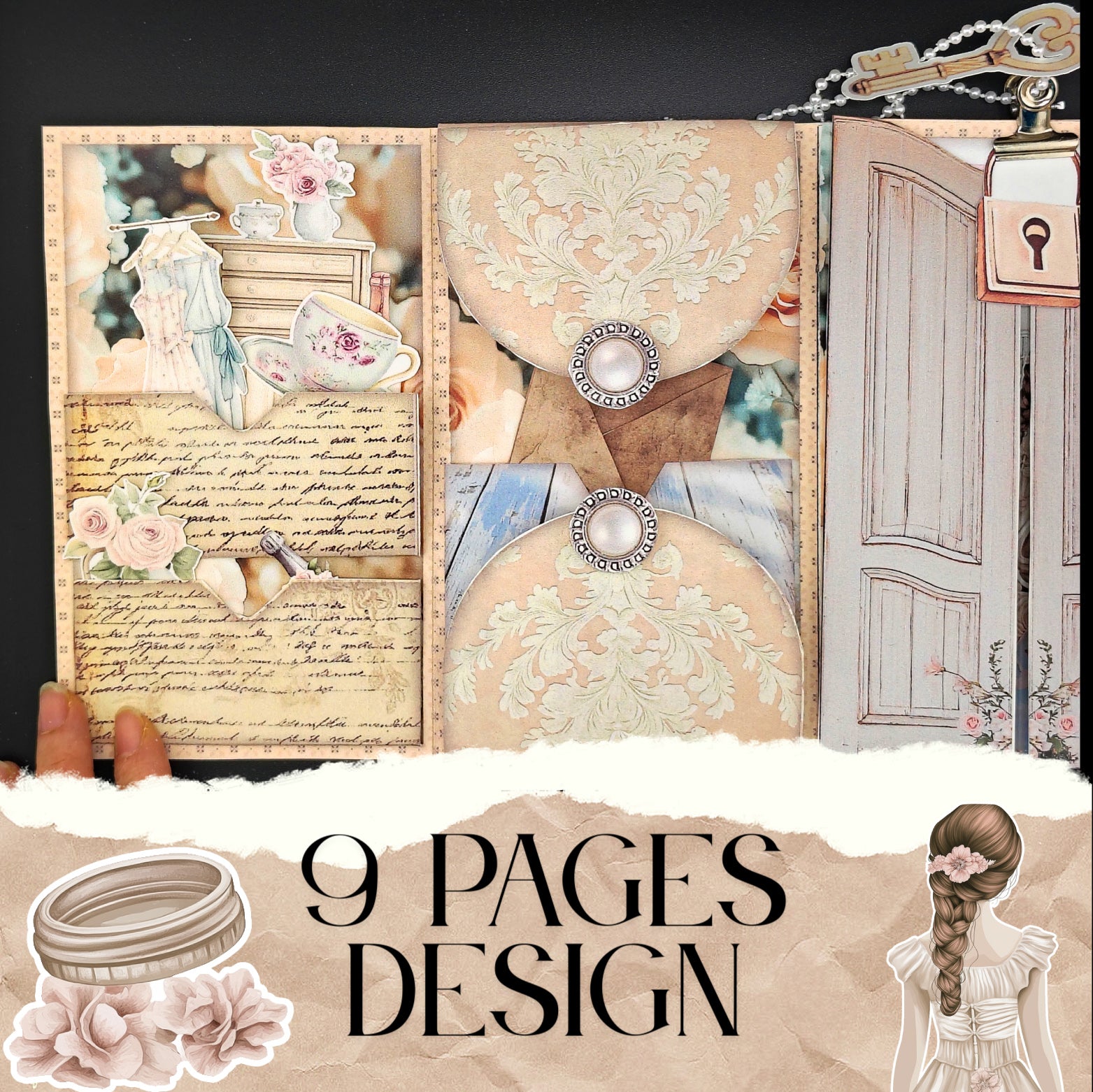 Bridal wedding Folio, Creamy Junk Journal Envelope & Pocket Set with Ephemera (Cricut-Friendly, 9 Pages)