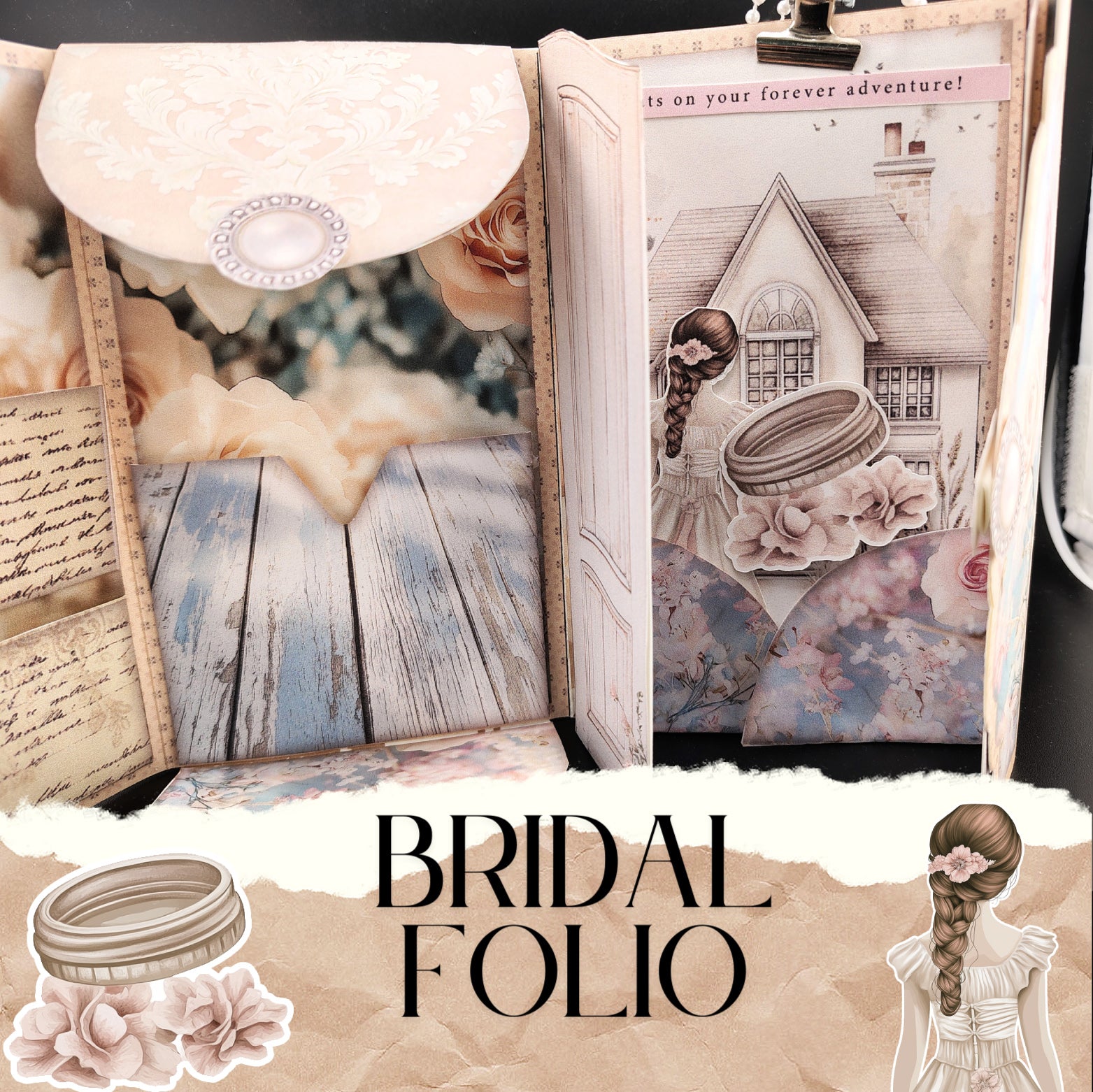 Bridal wedding Folio, Creamy Junk Journal Envelope & Pocket Set with Ephemera (Cricut-Friendly, 9 Pages)