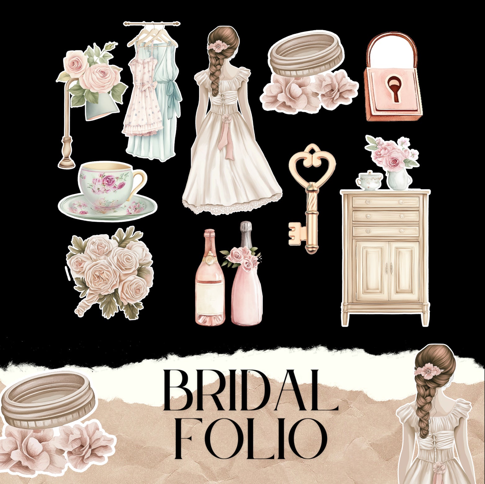 Bridal wedding Folio, Creamy Junk Journal Envelope & Pocket Set with Ephemera (Cricut-Friendly, 9 Pages)