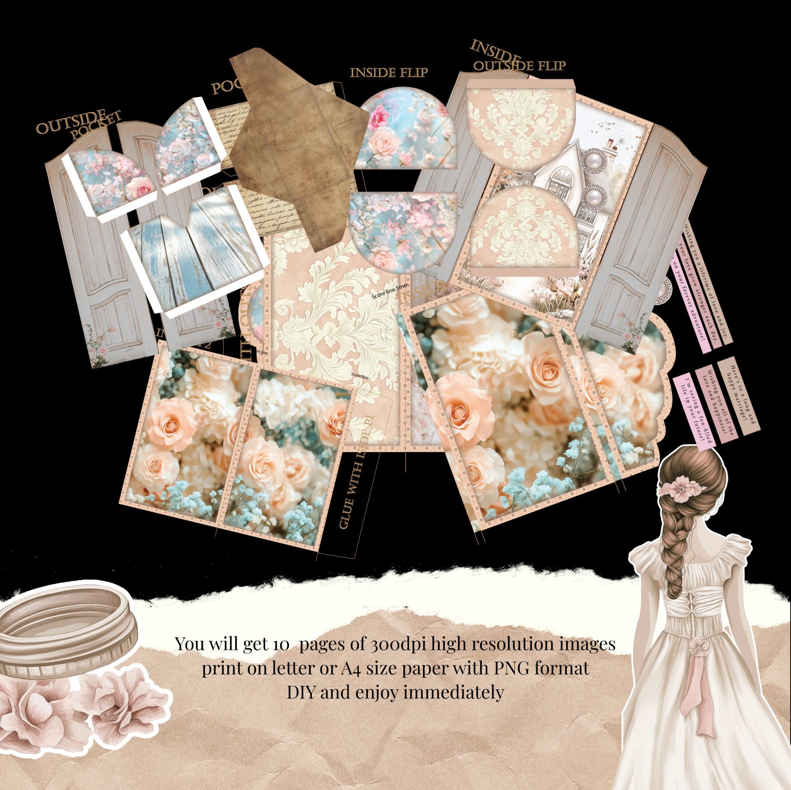 Bridal wedding Folio, Creamy Junk Journal Envelope & Pocket Set with Ephemera (Cricut-Friendly, 9 Pages)