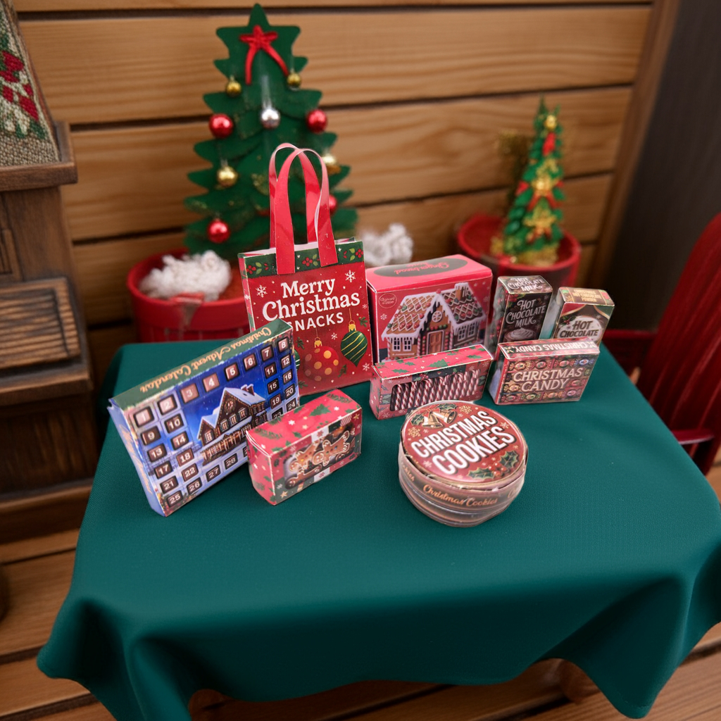 Christmas Snack Packaging 1:12 scale dollhouse food, 8 snack box and 1 bag, ginger bread house, candy canes, cookie, Hot chocolate