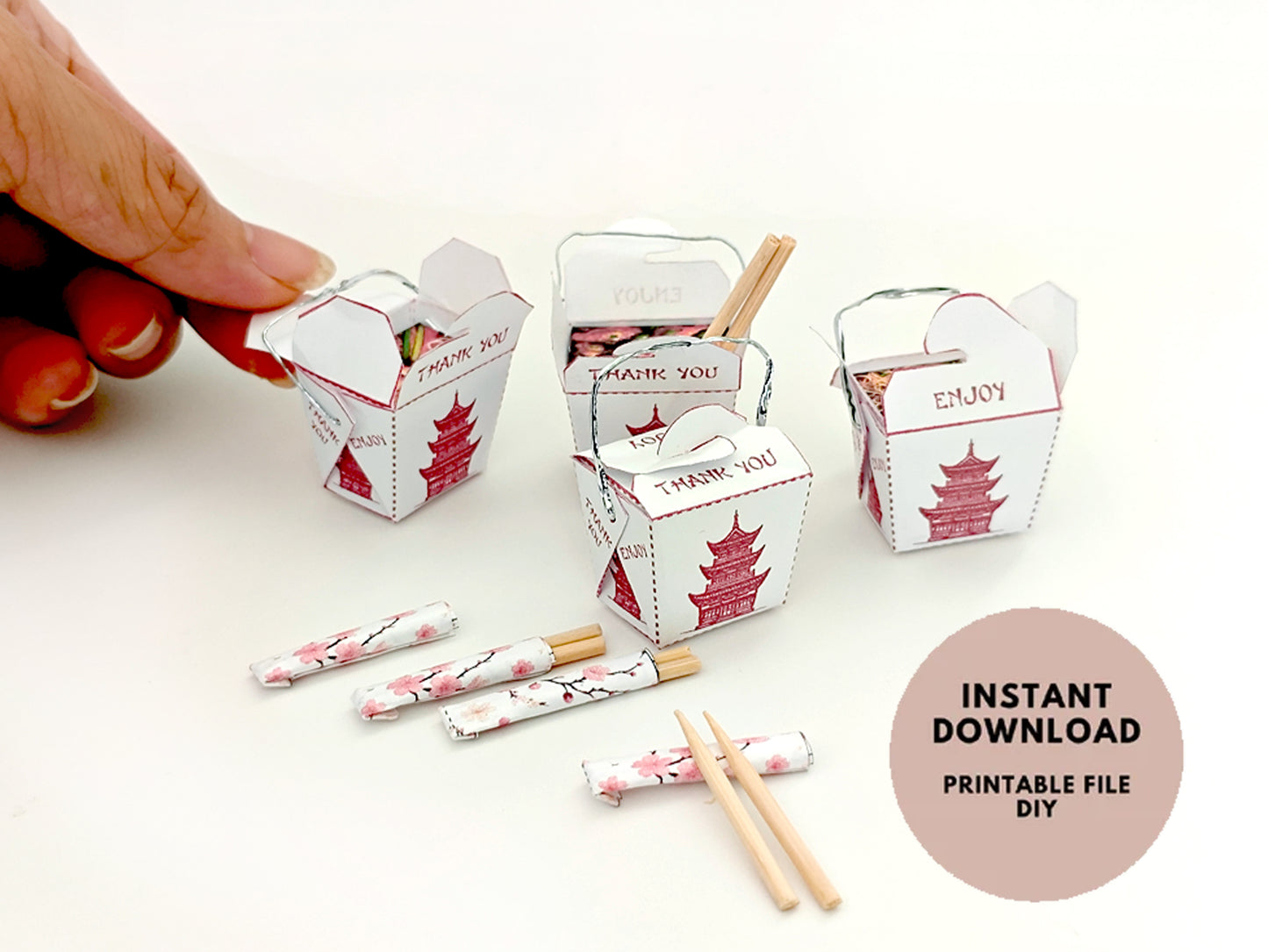 3 styles Chinese noodle boxes and chopsticks, 1:6 scale, Printable Dollhouse miniature template, diorama