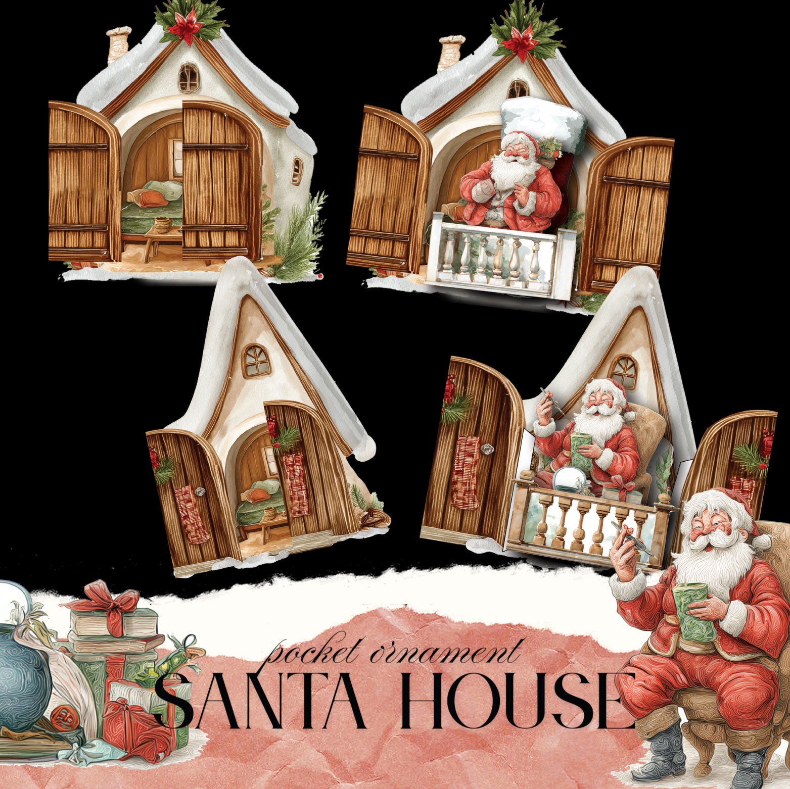Santa House Pocket Christmas Ornaments - Junk Journal, folio kit and ephemera decoration for journal and Christmas tree decor