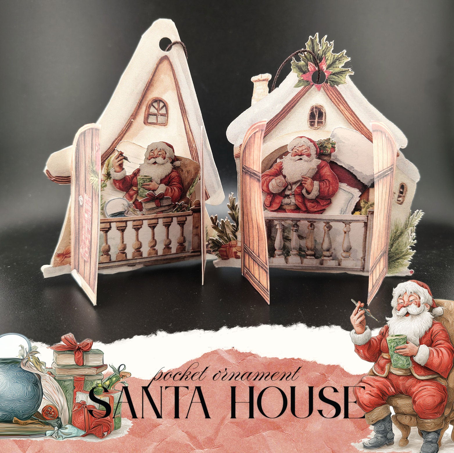 Santa House Pocket Christmas Ornaments - Junk Journal, folio kit and ephemera decoration for journal and Christmas tree decor
