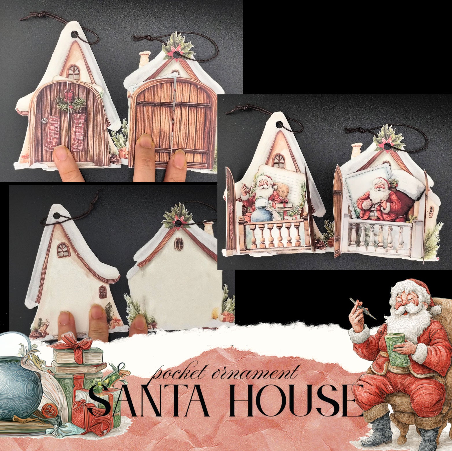 Santa House Pocket Christmas Ornaments - Junk Journal, folio kit and ephemera decoration for journal and Christmas tree decor