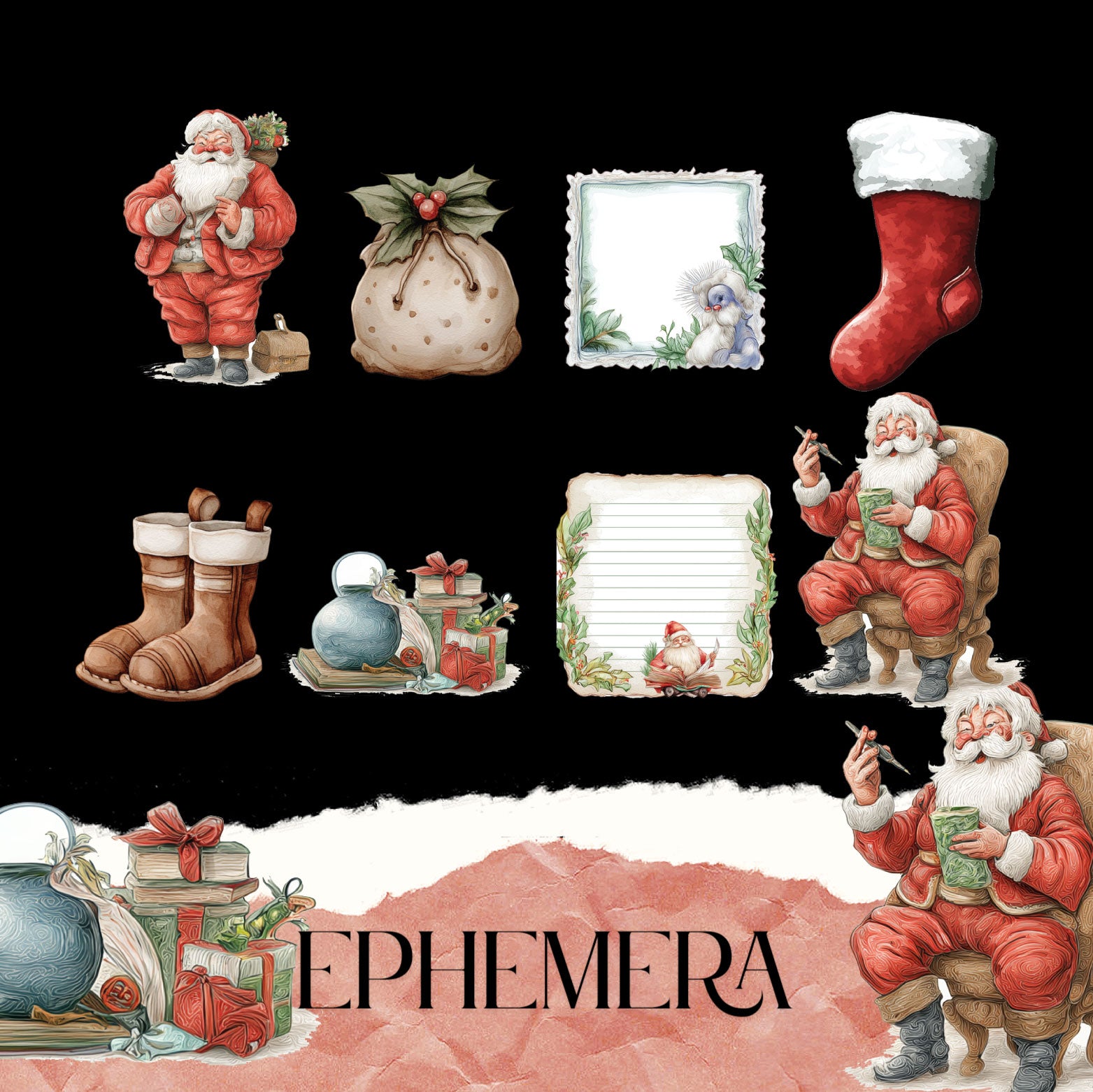 Santa House Pocket Christmas Ornaments - Junk Journal, folio kit and ephemera decoration for journal and Christmas tree decor