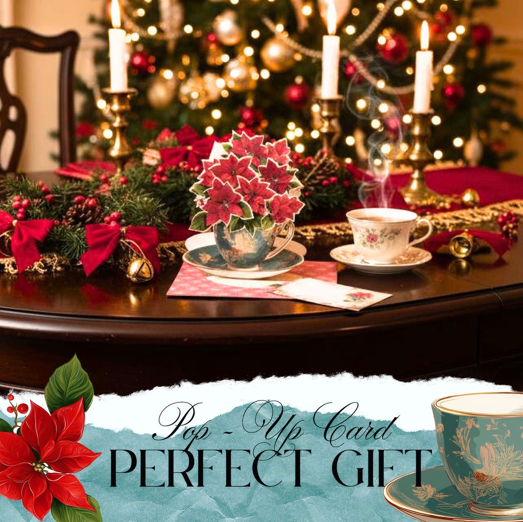 Poinsettia flower and tea cup pop up gift card for Christmas card , digital download, stand on table, xmas decoration