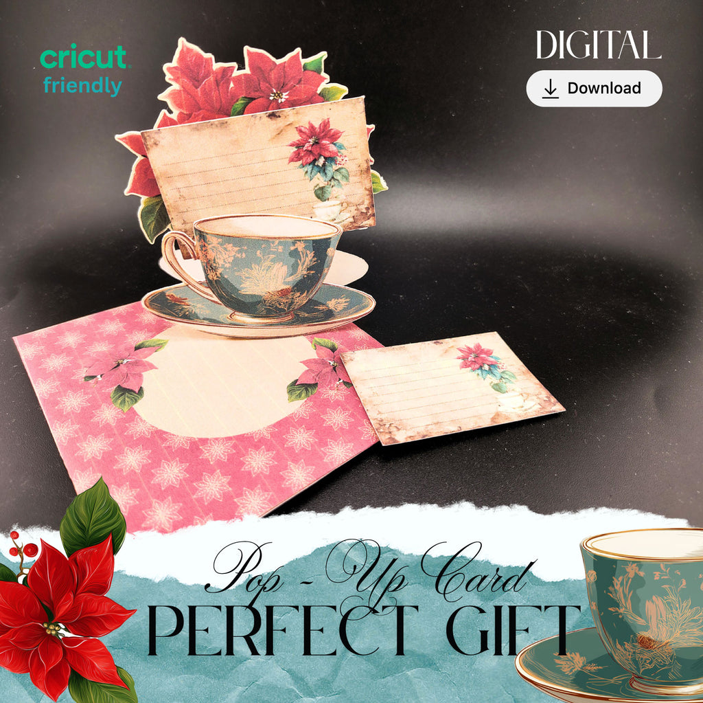 Poinsettia flower and tea cup pop up gift card for Christmas card , digital download, stand on table, xmas decoration
