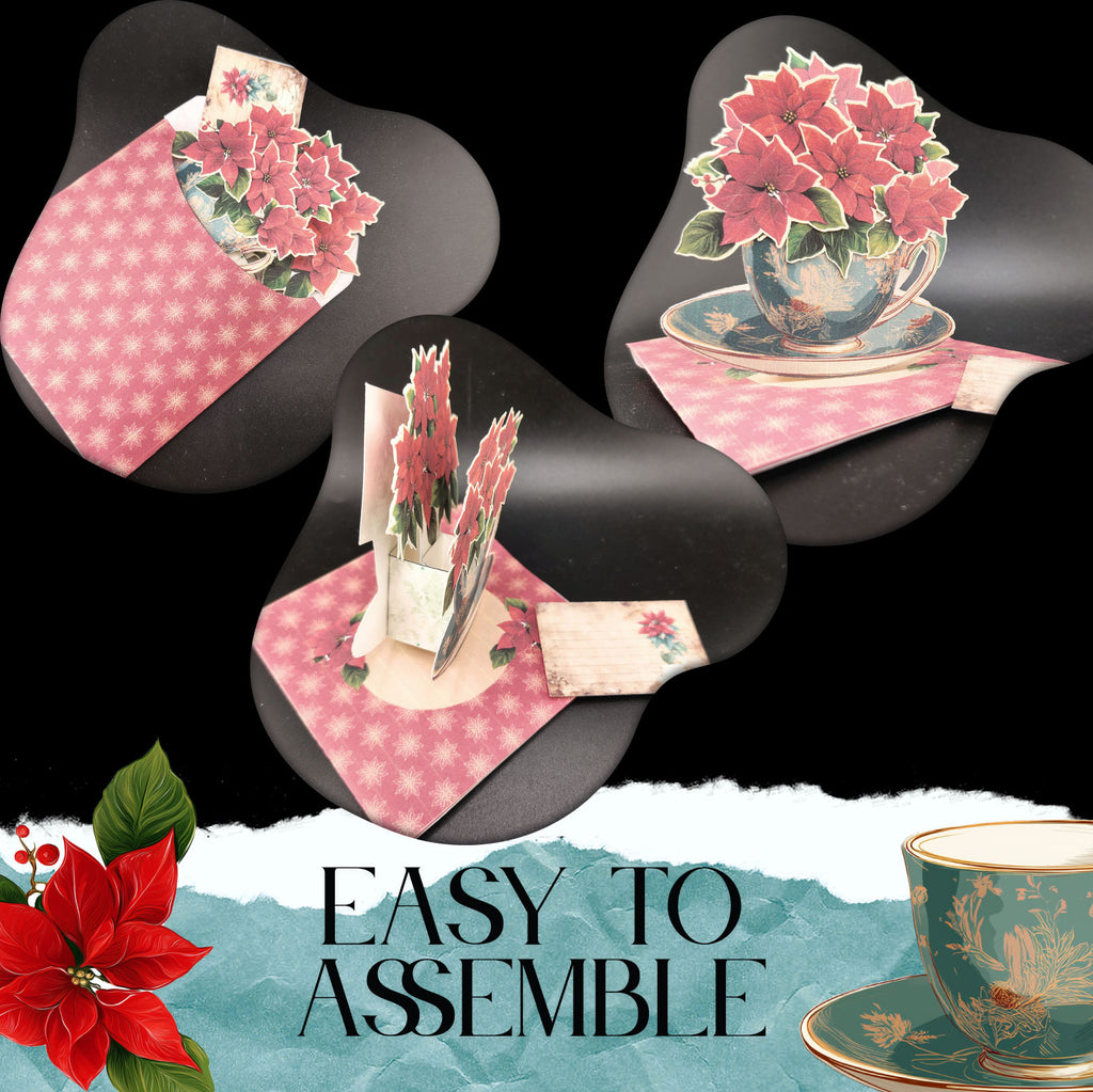 Poinsettia flower and tea cup pop up gift card for Christmas card , digital download, stand on table, xmas decoration