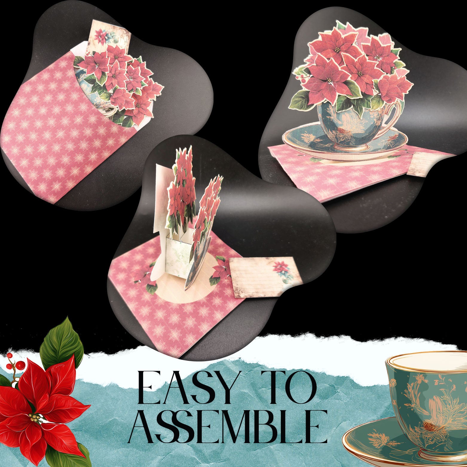Poinsettia flower and tea cup pop up gift card for Christmas card , digital download, stand on table, xmas decoration