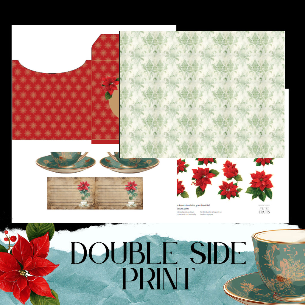 Poinsettia flower and tea cup pop up gift card for Christmas card , digital download, stand on table, xmas decoration