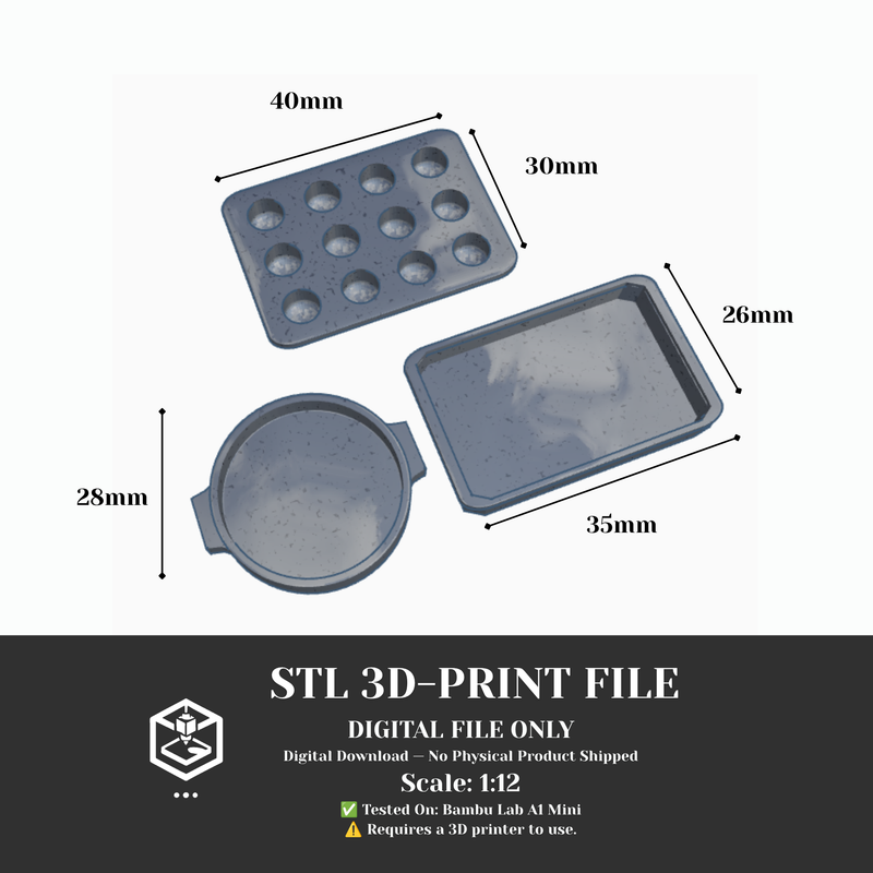 1:12 Miniature Baking Pans — STL File with Muffin, Roast, and Round Pans for Dollhouse Kitchen Scenes