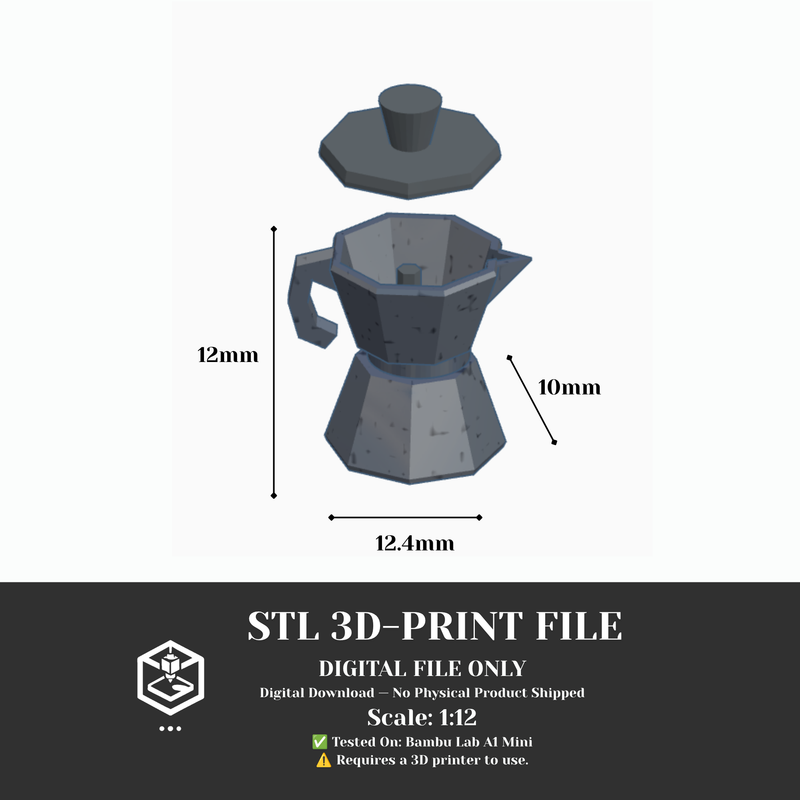 1:12 Stove top coffee maker 3D printable file mini appliances for mini kitchen