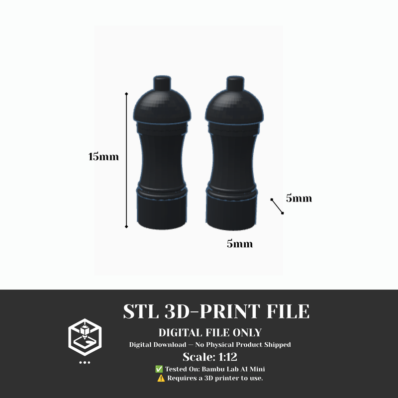 1:12 Salt & Pepper Grinder Set — STL File for Dollhouse Kitchen with Storage Box