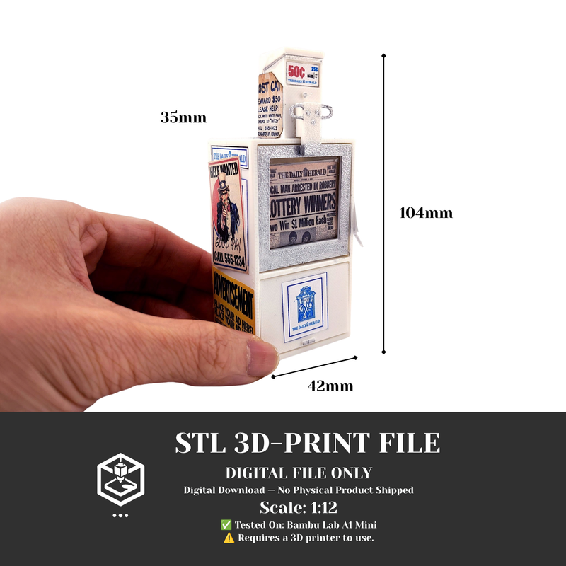1:12 Vintage Newspaper Vending Machine STL — 20th-Century American Street Scene Miniature (3D Print File, included printed paper, Instant Download)