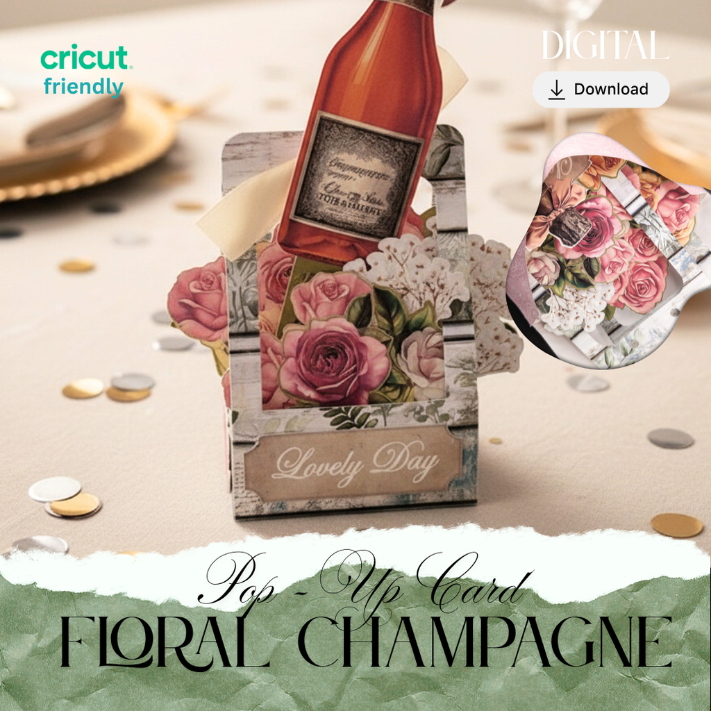 Floral champagne Pop-Up Card — Day Wine Stand-Up Gift Card with envelope (Printable Paper Craft, Digital Download)