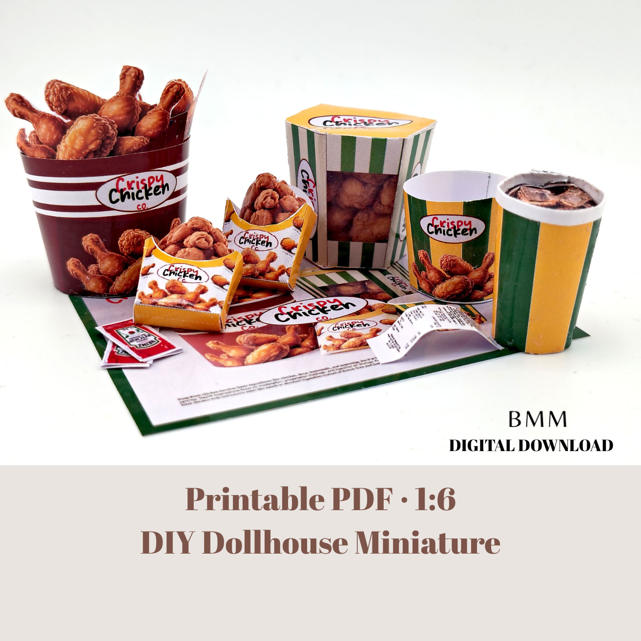 1:6 scale 10 piece Deep Fried Chicken Bucket night meal set Printable Dollhouse Fast Food for doll - yellow and green
