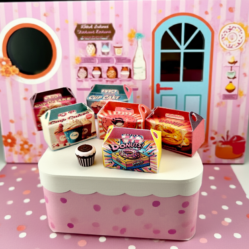 Baking Donut box and Cup Cake box, 6 styles colorful diorama  for 1:12 Dollhouse accessories and food perfect decoration