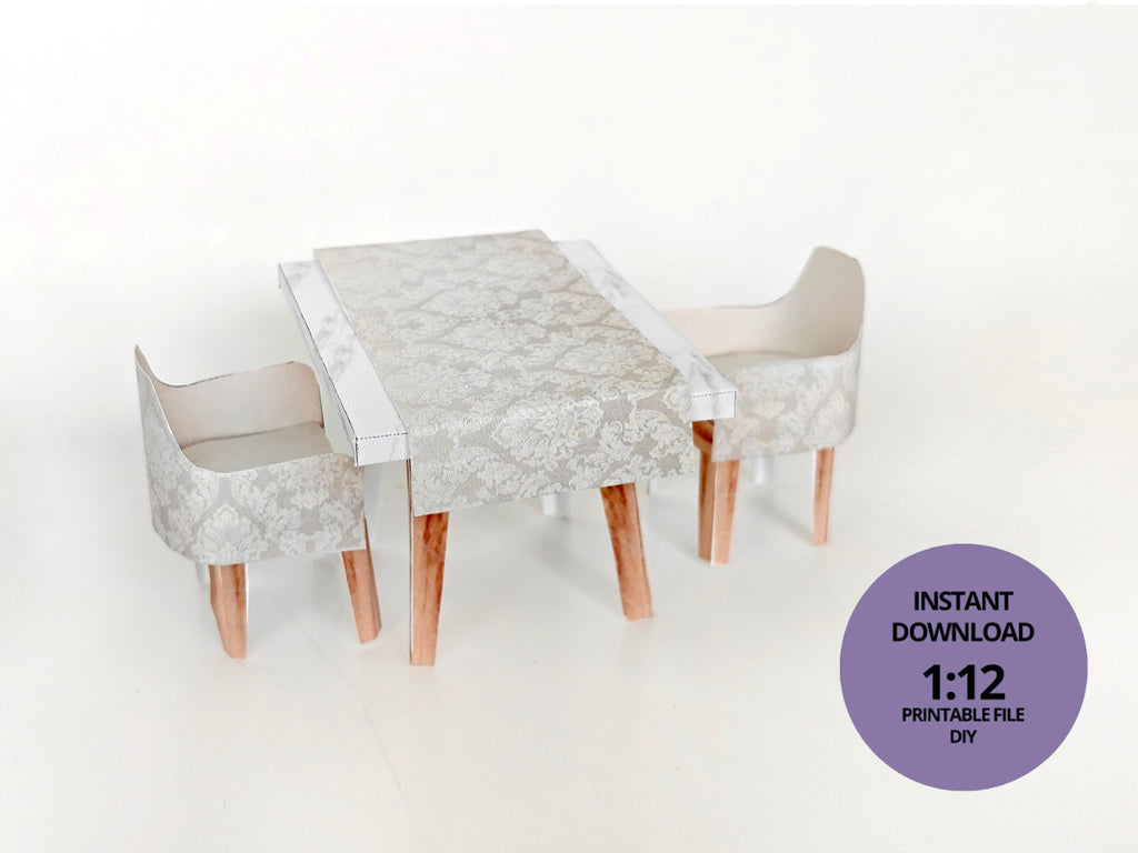 A 1:12 scale printable dollhouse furniture set from BMM Shoebox Miniature, featuring a dining table and chairs, crafted as DIY templates for a miniature living room or dining scene, ideal for diorama customization.