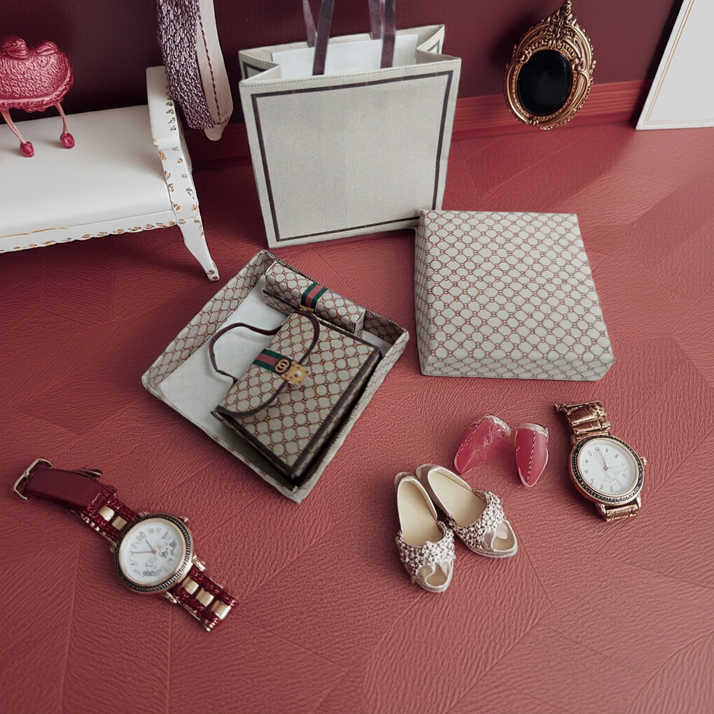 1:6 Luxury brands  brown bags, purse and boxes for dollhouse and department store, 4 items, luxury house decorations,  yearly ornament