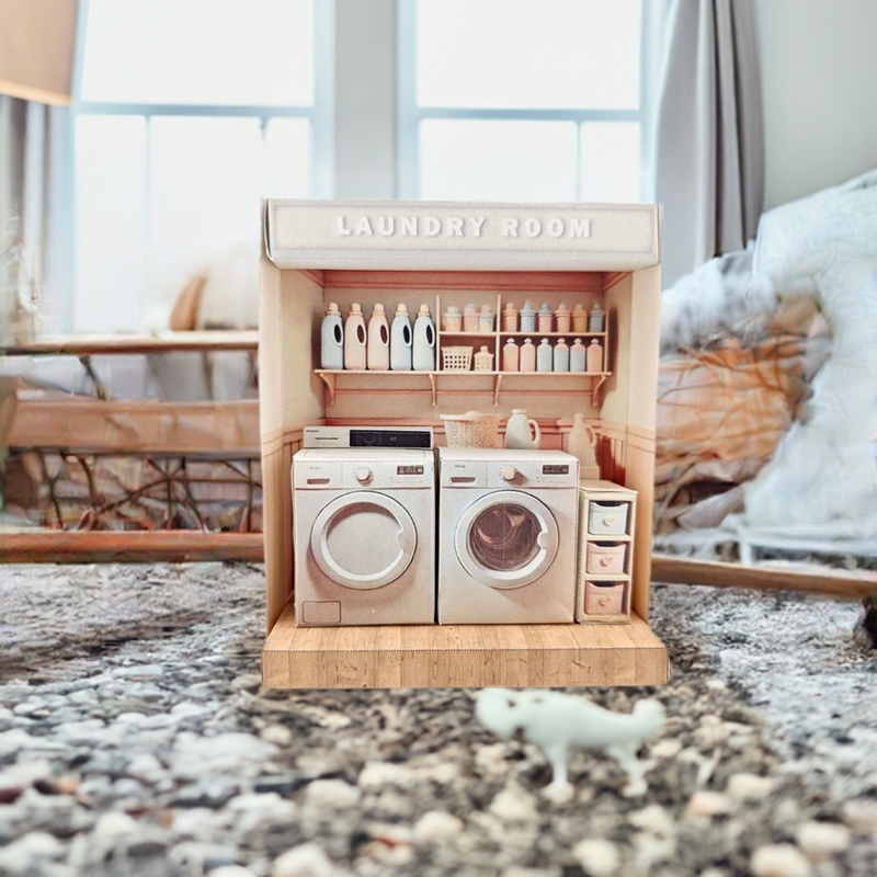 Pick Scene Pink Laundry Room -pink room, laundry room, washing machine and dryer, affordable doll house miniature kit, PickScene Apartment