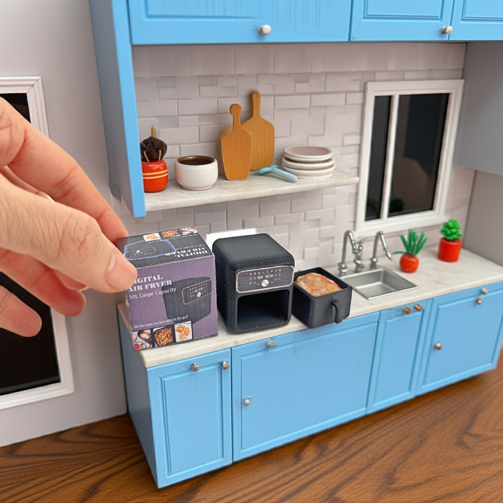 1:12 Classic air fryer 3D printing file, packaging, mini cookware, miniatures, kitchen applicants, mini cooking, real cook