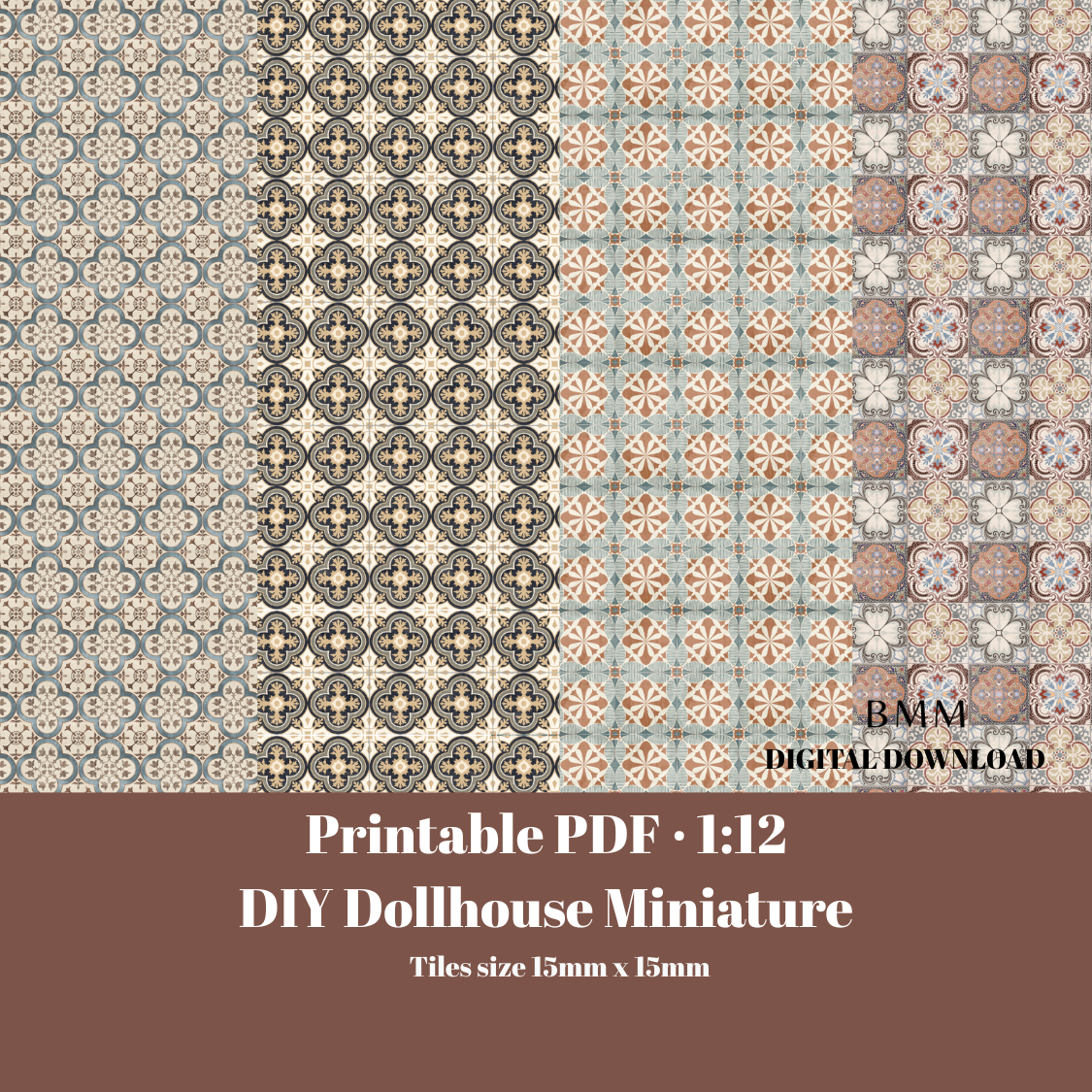 1:12 Printable Seamless Floor Tiles — 15×15 mm tiles size Vintage Pattern in Warm Tones (Dollhouse Flooring, Digital Download)