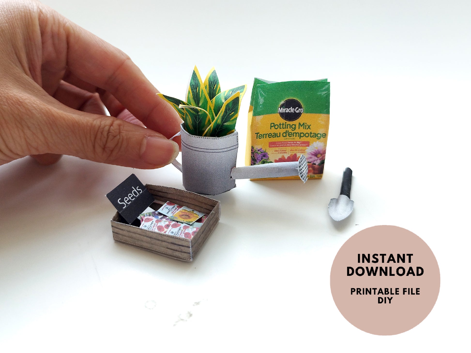 Garden backyard for dollhouse 1:6 scale printable, water pot, seeds, soil and tool, summer,