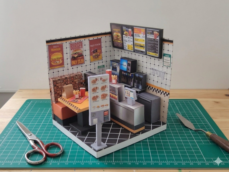 Printable 1:12 Fast Food Restaurant 6 pages  Bundle PDF, DIY Dollhouse Burger Shop Scenery, Miniature Diner Furniture & Menu, Digital Download