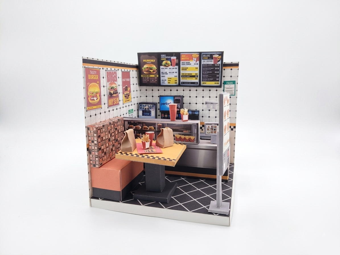 Printable 1:12 Fast Food Restaurant 6 pages  Bundle PDF, DIY Dollhouse Burger Shop Scenery, Miniature Diner Furniture & Menu, Digital Download