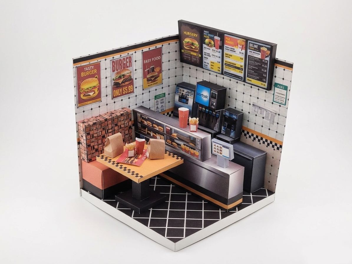 Printable 1:12 Fast Food Restaurant 6 pages  Bundle PDF, DIY Dollhouse Burger Shop Scenery, Miniature Diner Furniture & Menu, Digital Download
