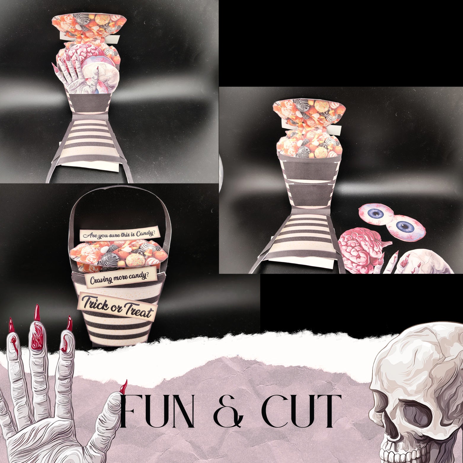 Halloween Candy Bucket Pocket Ephemera — DIY Craft Kit with Spooky Eyes & Bloody Hand