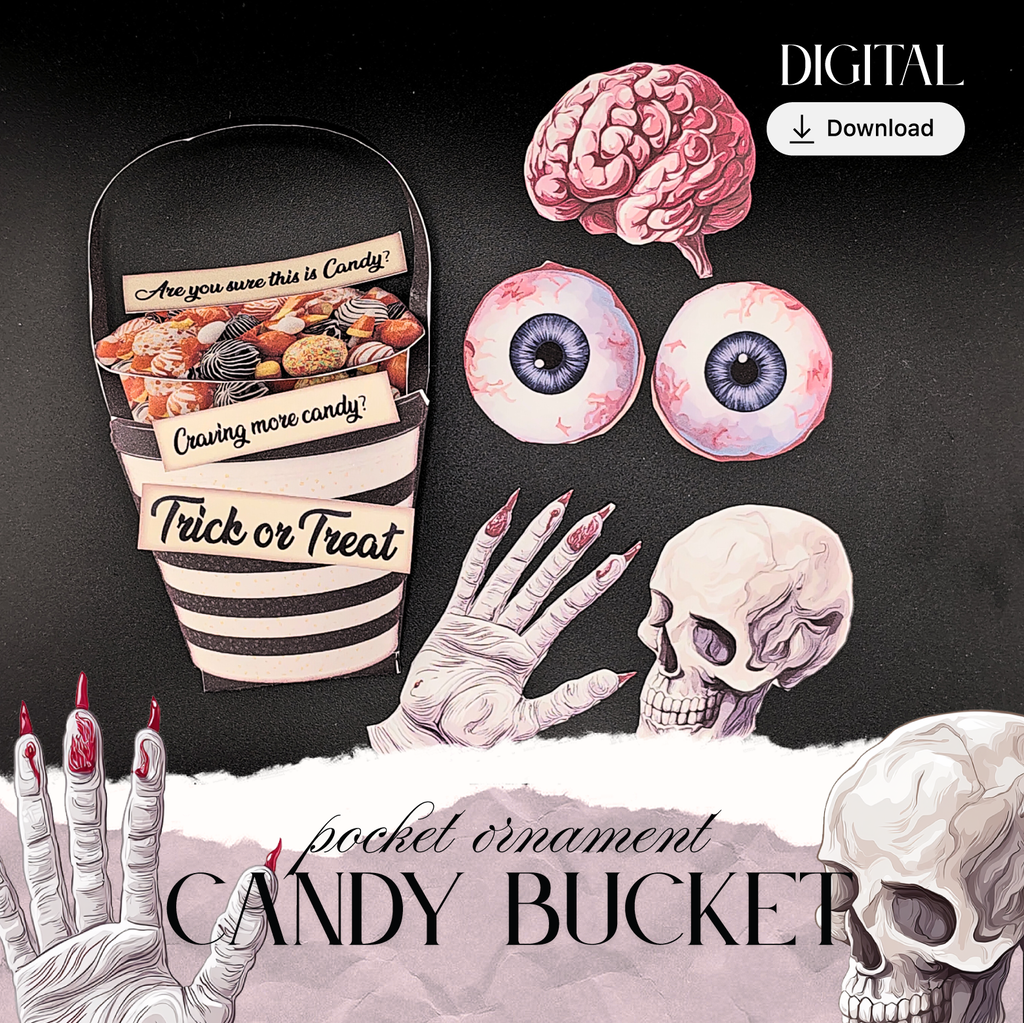 Halloween Candy Bucket Pocket Ephemera — DIY Craft Kit with Spooky Eyes & Bloody Hand
