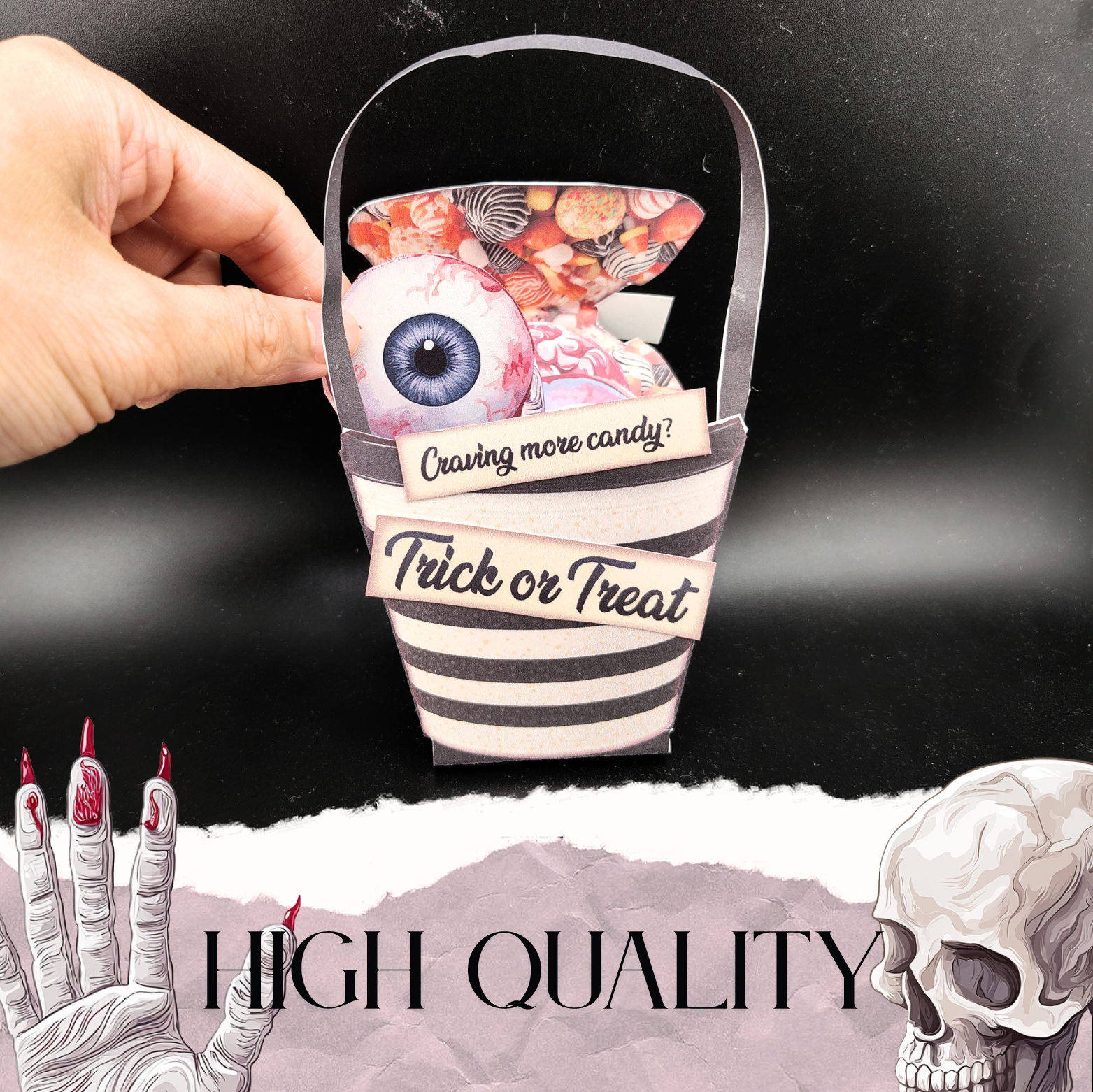 Halloween Candy Bucket Pocket Ephemera — DIY Craft Kit with Spooky Eyes & Bloody Hand