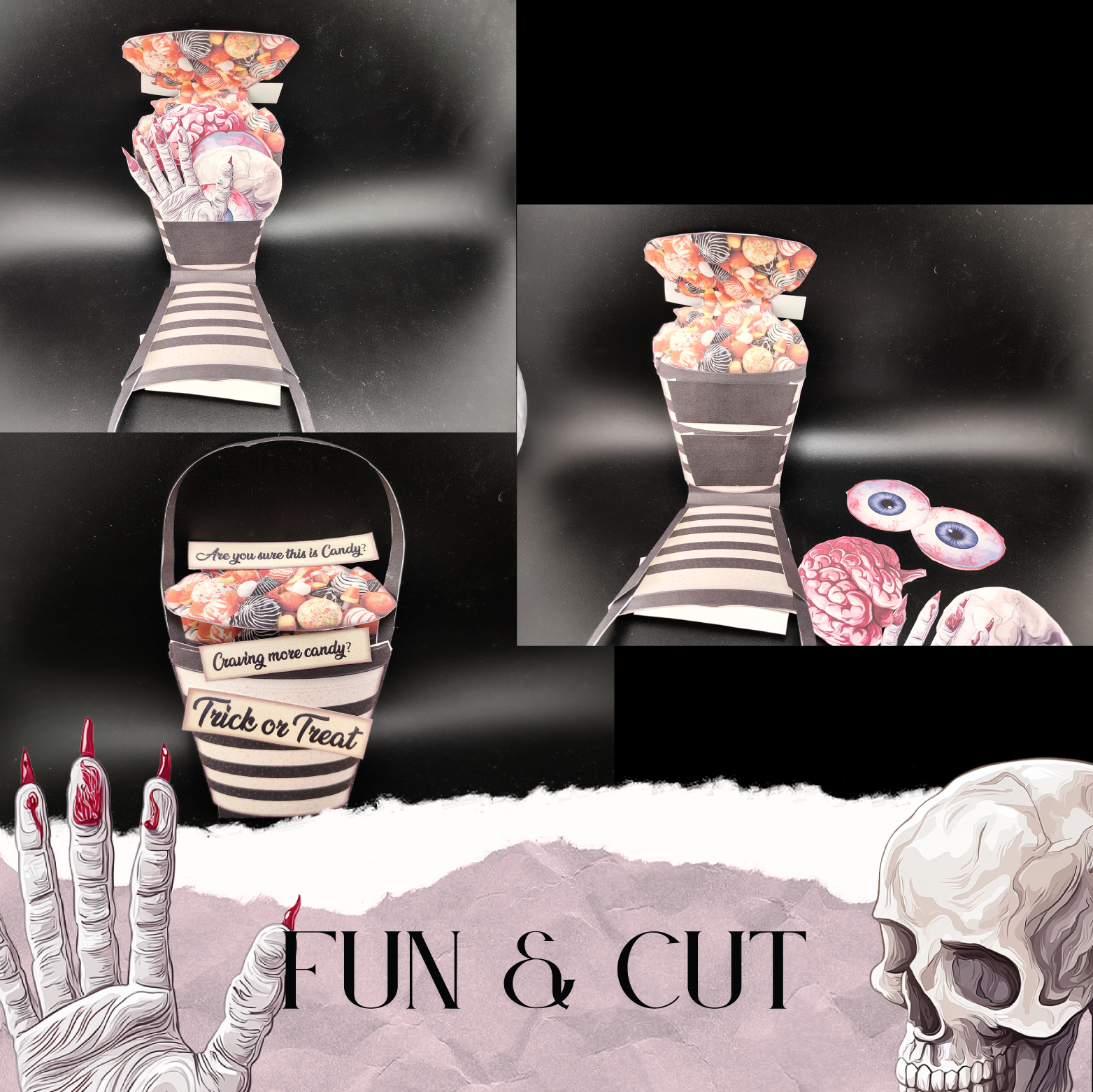 Halloween Candy Bucket Pocket Ephemera — DIY Craft Kit with Spooky Eyes & Bloody Hand