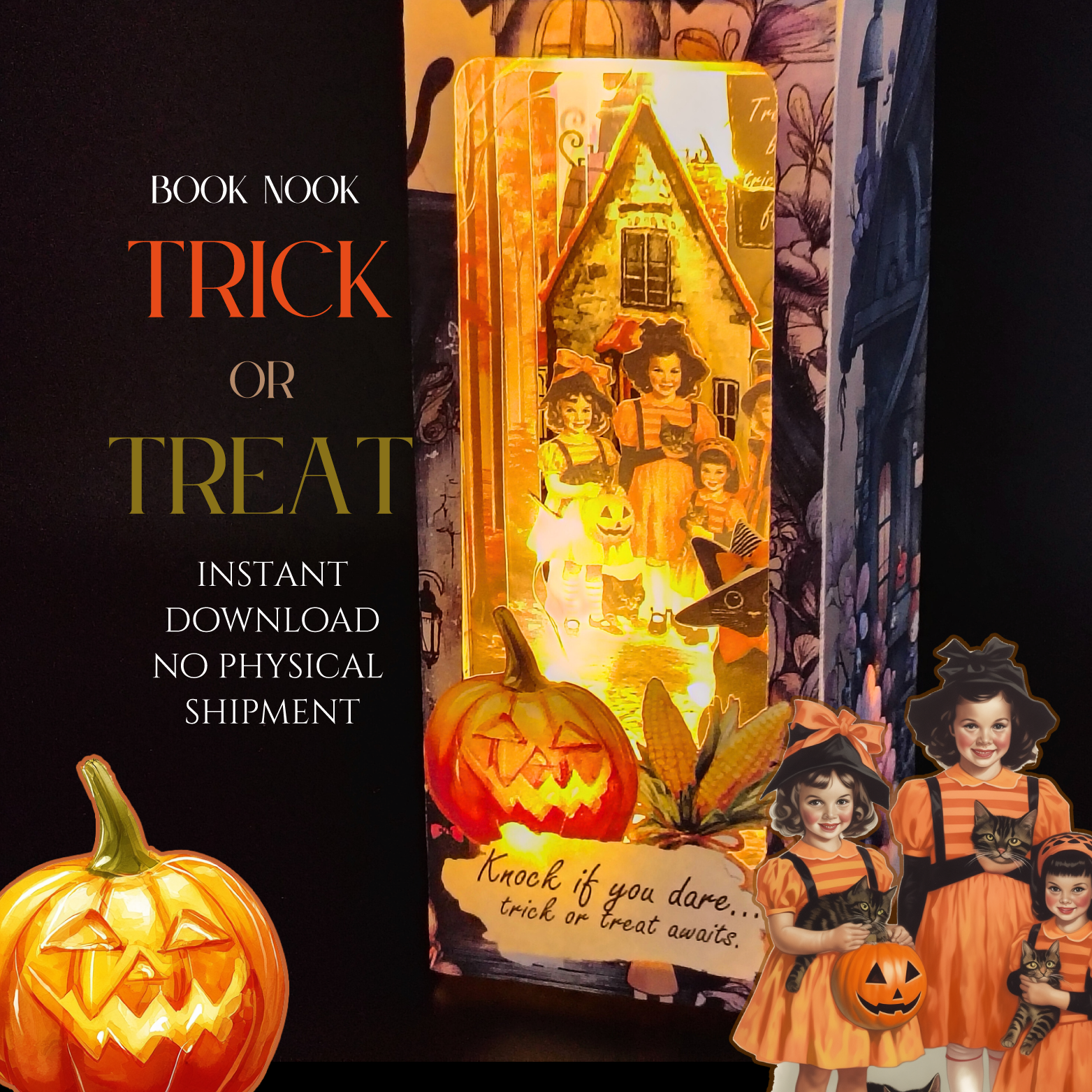Halloween Trick or Treat BookNook Kit: Paper Diorama Template (PDF & PNG for Cricut)