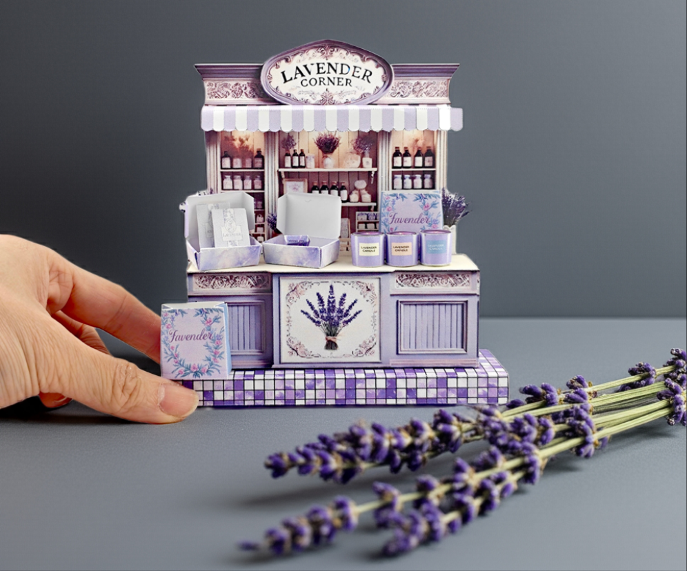 Lavender Corner Miniature stand, minis shop, soaps, candles,   perfume, odor removal bag, miniature kit, paper crafting, 7x5 frame