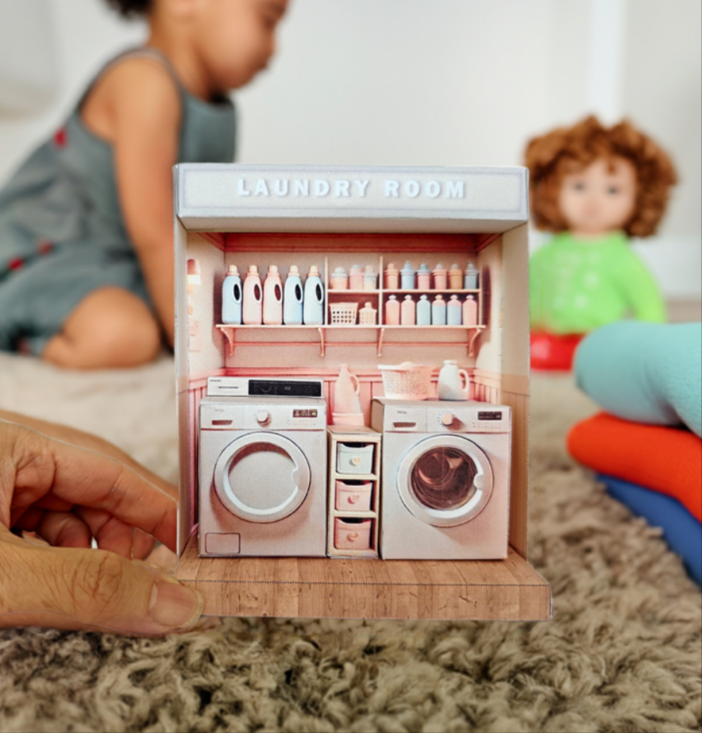 - Pick Scene Pink Laundry Room - pink room, laundry room, washing machine and dryer, affordable doll house miniature kit, PickScene Apartment