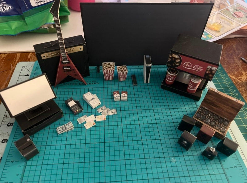 1:6 Money and Cigarettes miniatures, 4 styles, cash box, CD for dollhouse, men and male style miniatures, father's day, playscale template