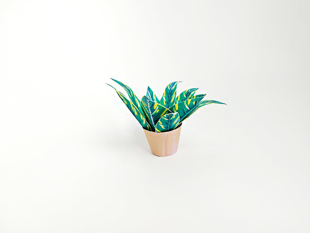 Miniature potted plant with green and yellow leaves in a light brown pot.