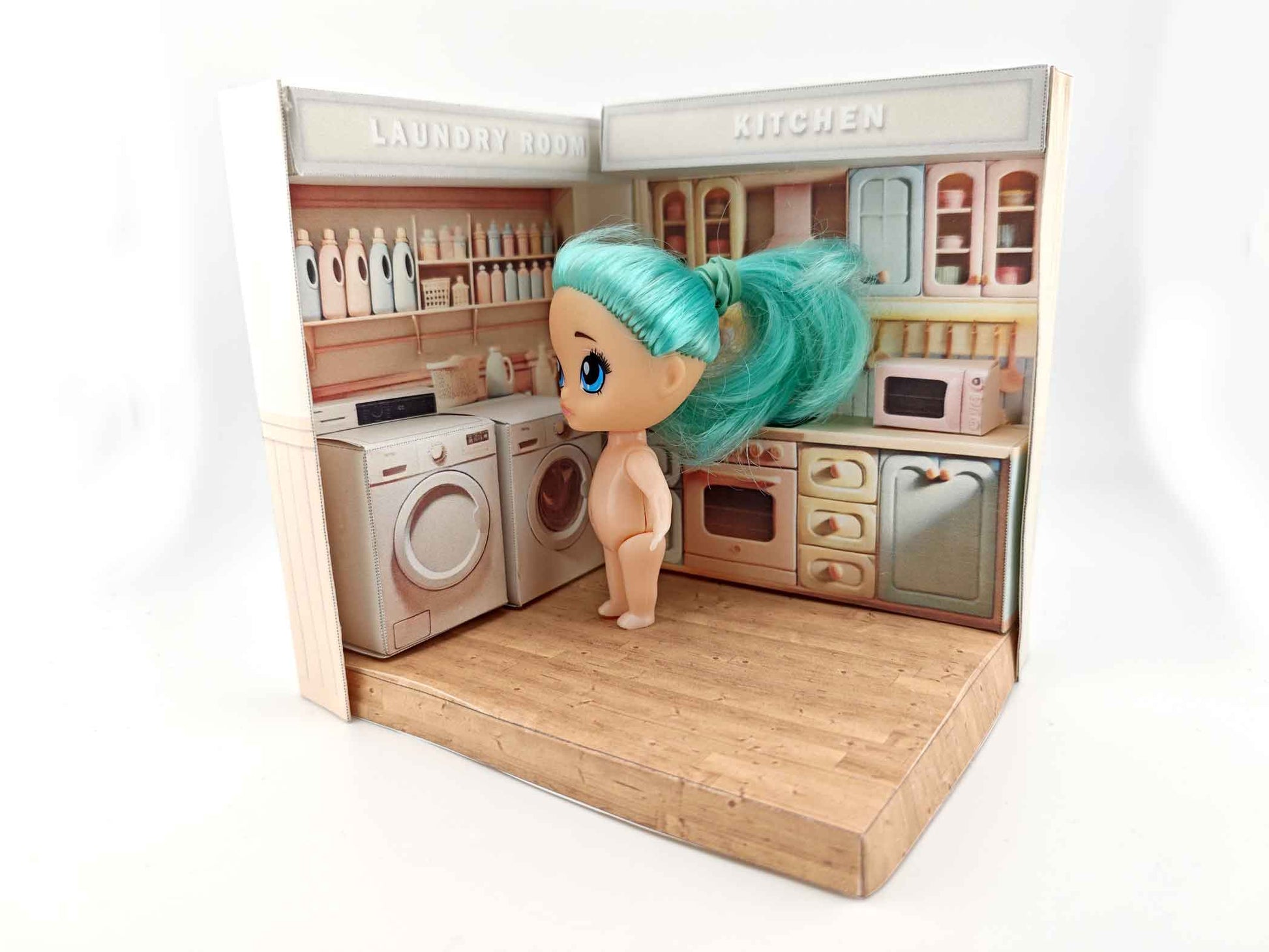 Wooden floor - Combine two PickScene Paper Doll Rooms for 3 inches doll, miniature kit, pickscene paper room and apartment