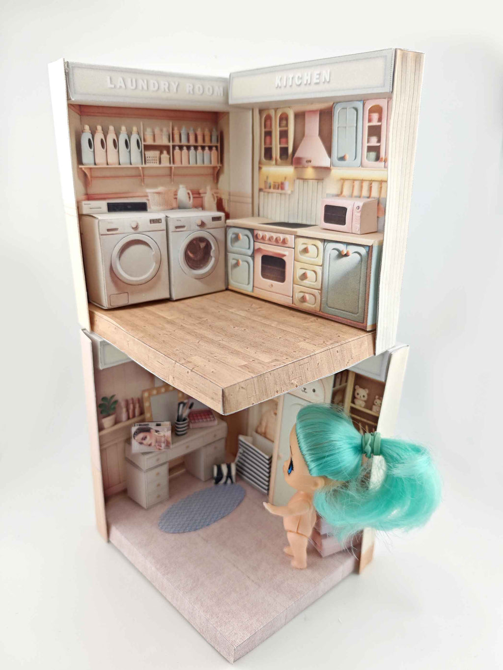 Pick Scene Pink Laundry Room -pink room, laundry room, washing machine and dryer, affordable doll house miniature kit, PickScene Apartment