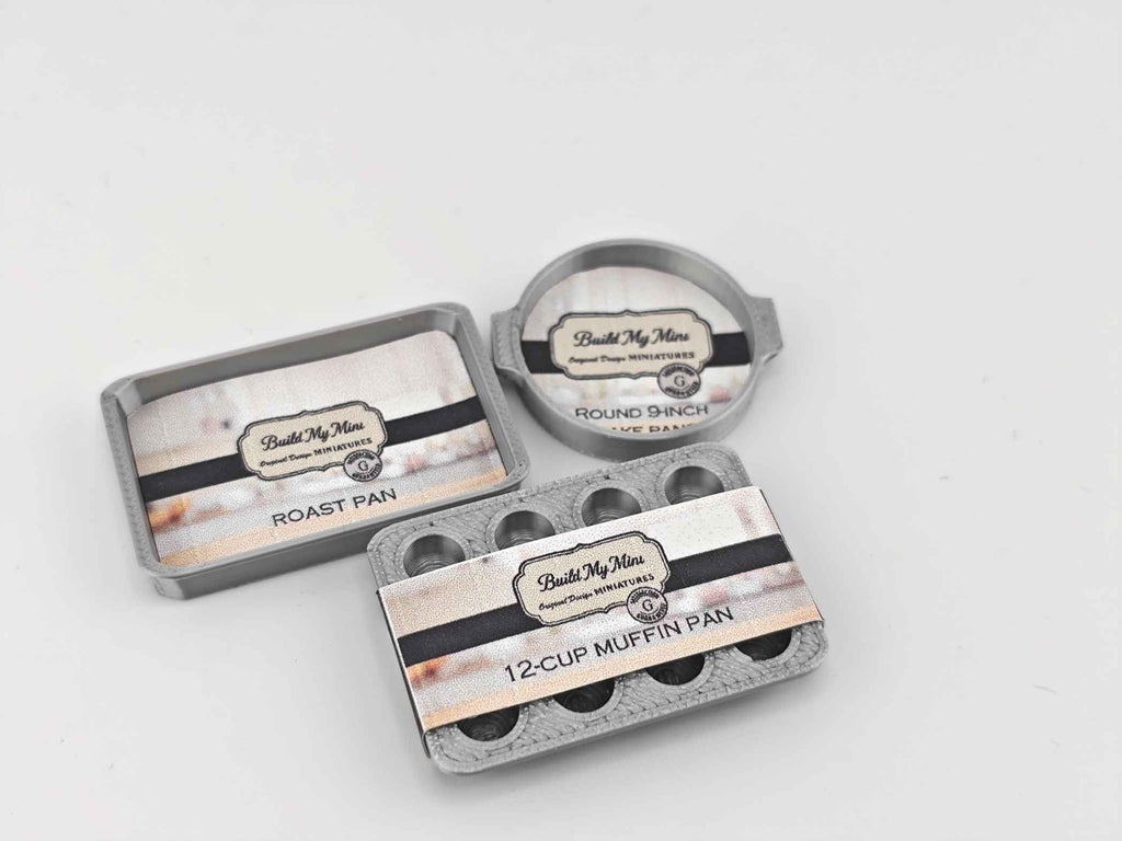 1:12 Miniature Baking Pans — STL File with Muffin, Roast, and Round Pans for Dollhouse Kitchen Scenes