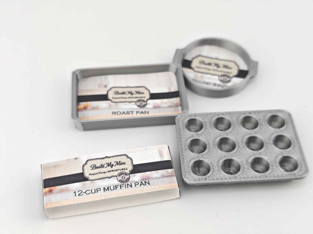 1:12 Miniature Baking Pans — STL File with Muffin, Roast, and Round Pans for Dollhouse Kitchen Scenes