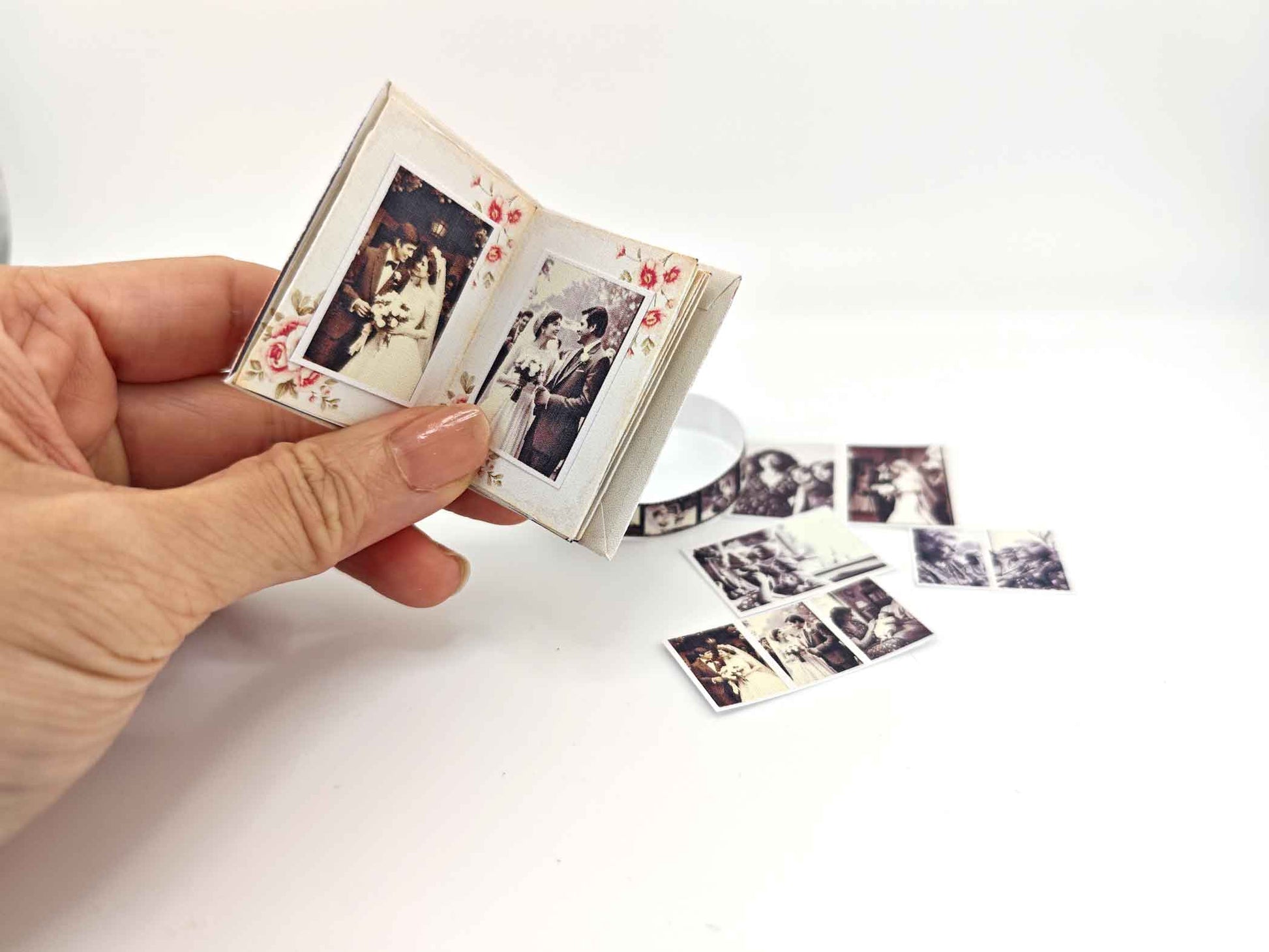 1:6 Grandma’s Life Photo Album — Vintage Miniature Book with Film Photos for Dollhouse Display