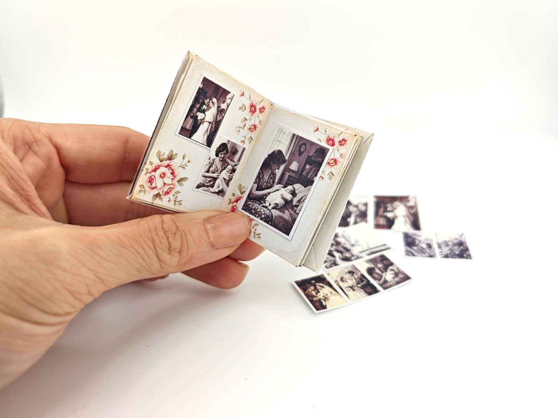 1:6 Grandma’s Life Photo Album — Vintage Miniature Book with Film Photos for Dollhouse Display